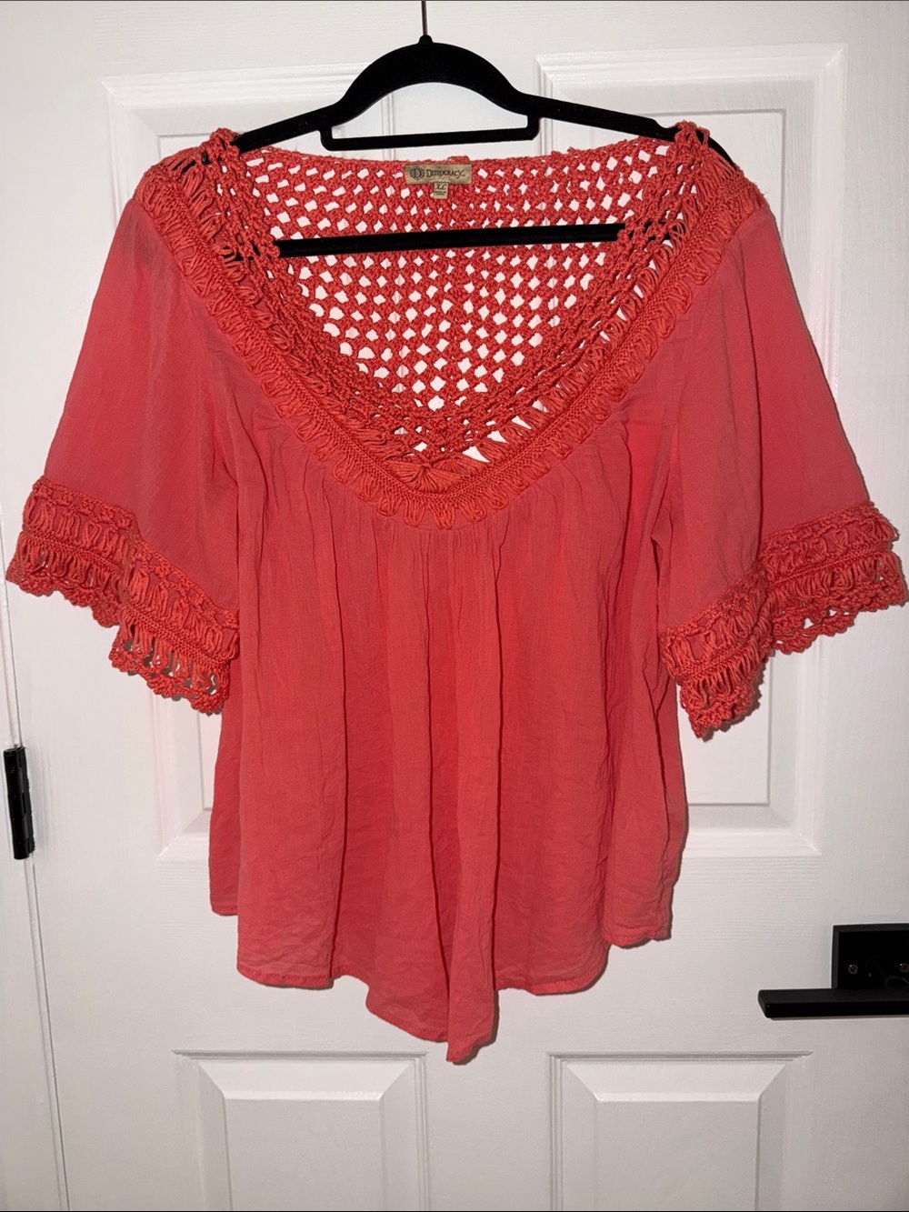 Democracy Orange Coral V-Neck Crochet-Trim Tunic Top